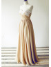 Champagne Chiffon Ivory Lace Maxi Prom Dress